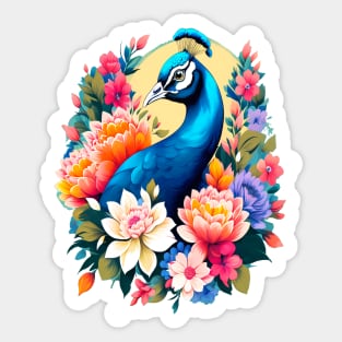 A Cute Peacock Surrounded by Bold Vibrant Spring Flowers Sticker